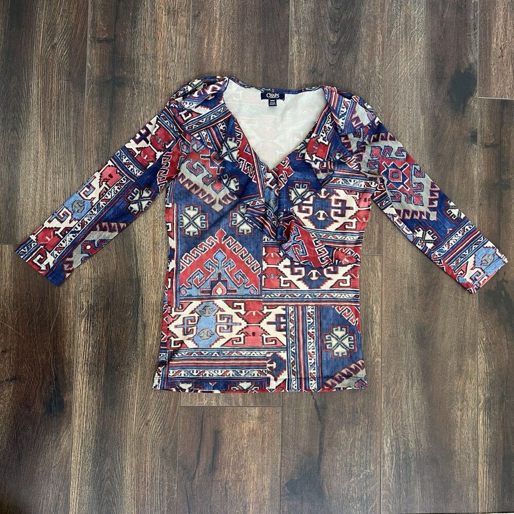 CHAPS Womens Southwestern Aztec Mesh Ruffle V Neck Top Size Medium Blouse